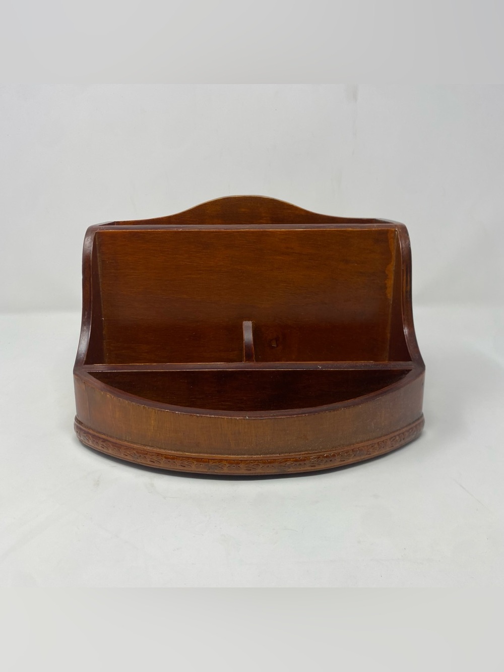 Wooden Desktop Mail Organizer Letter Holder Carved Trim Brown Office Decor